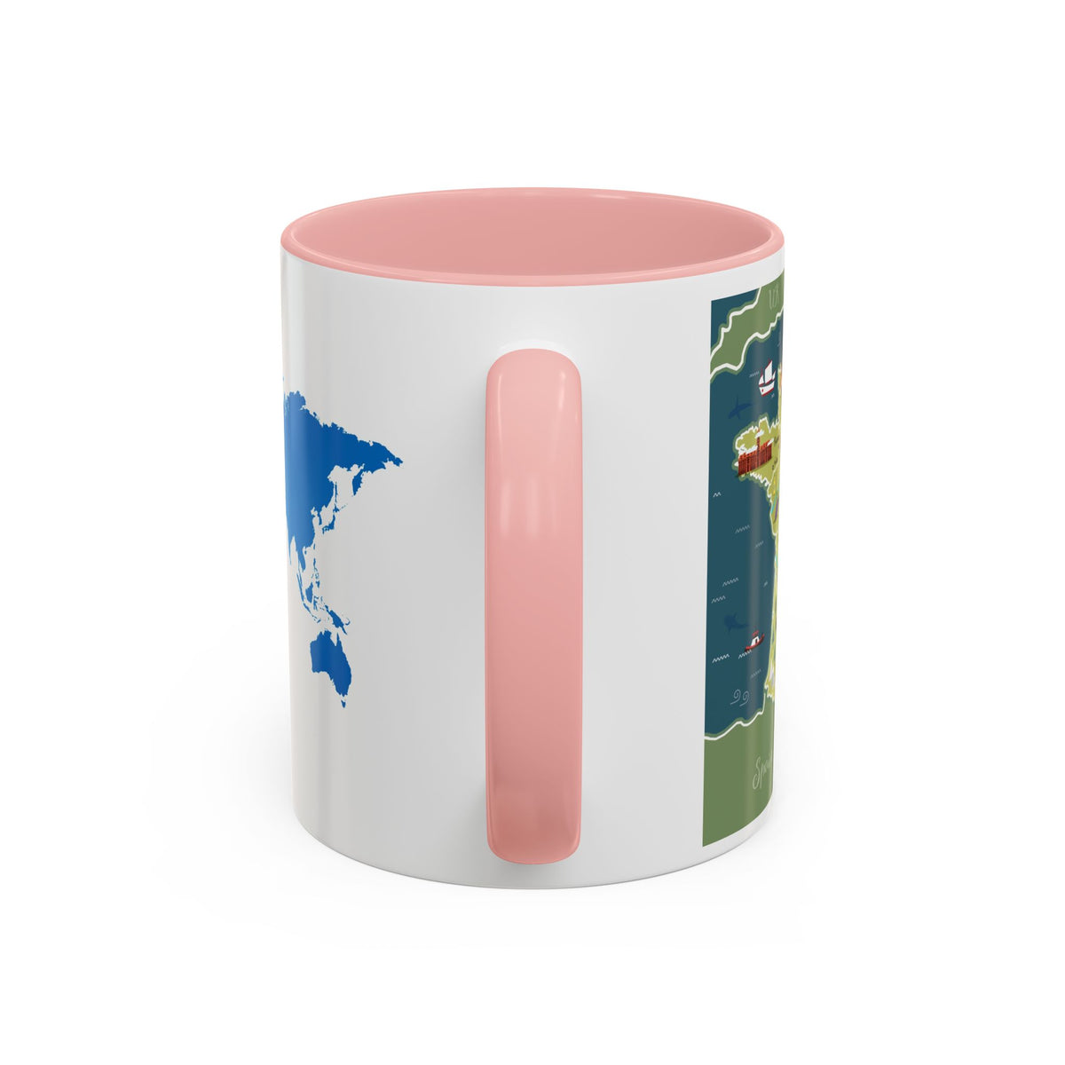 World Map Accent Coffee Mug — Illustrated Italy & Blue World Map Travel Mug (11/15oz)