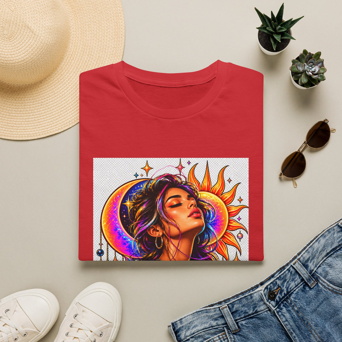 Sun & Moon Goddess T-Shirt — Vibrant Floral Boho Portrait Tee