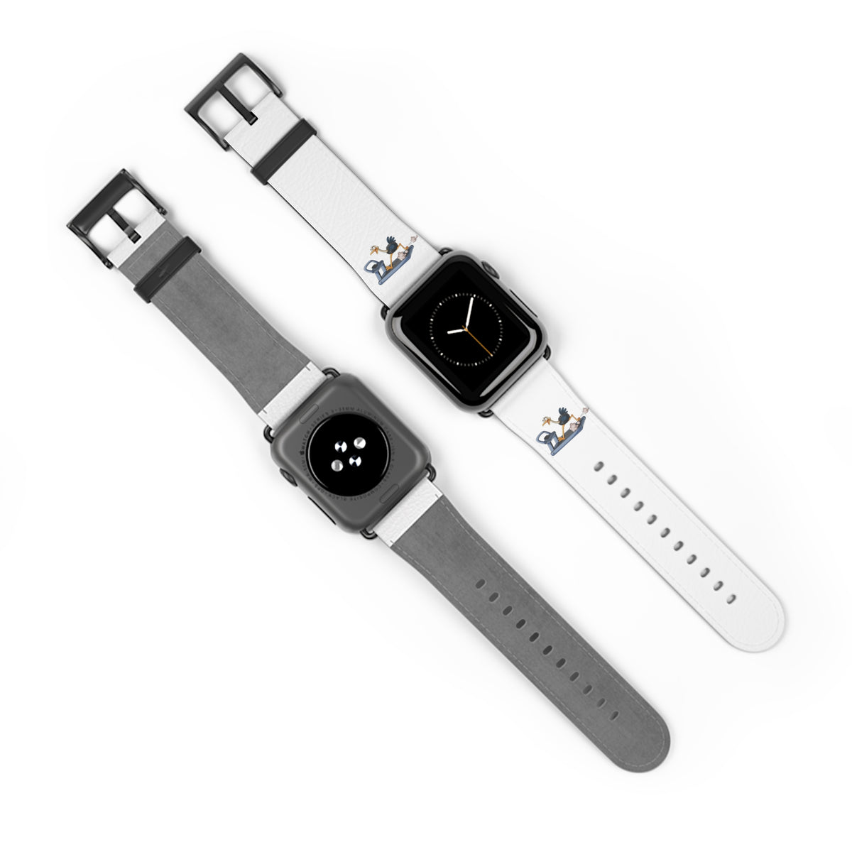White Leather Watch Band with Minimal Dog on Skateboard Design