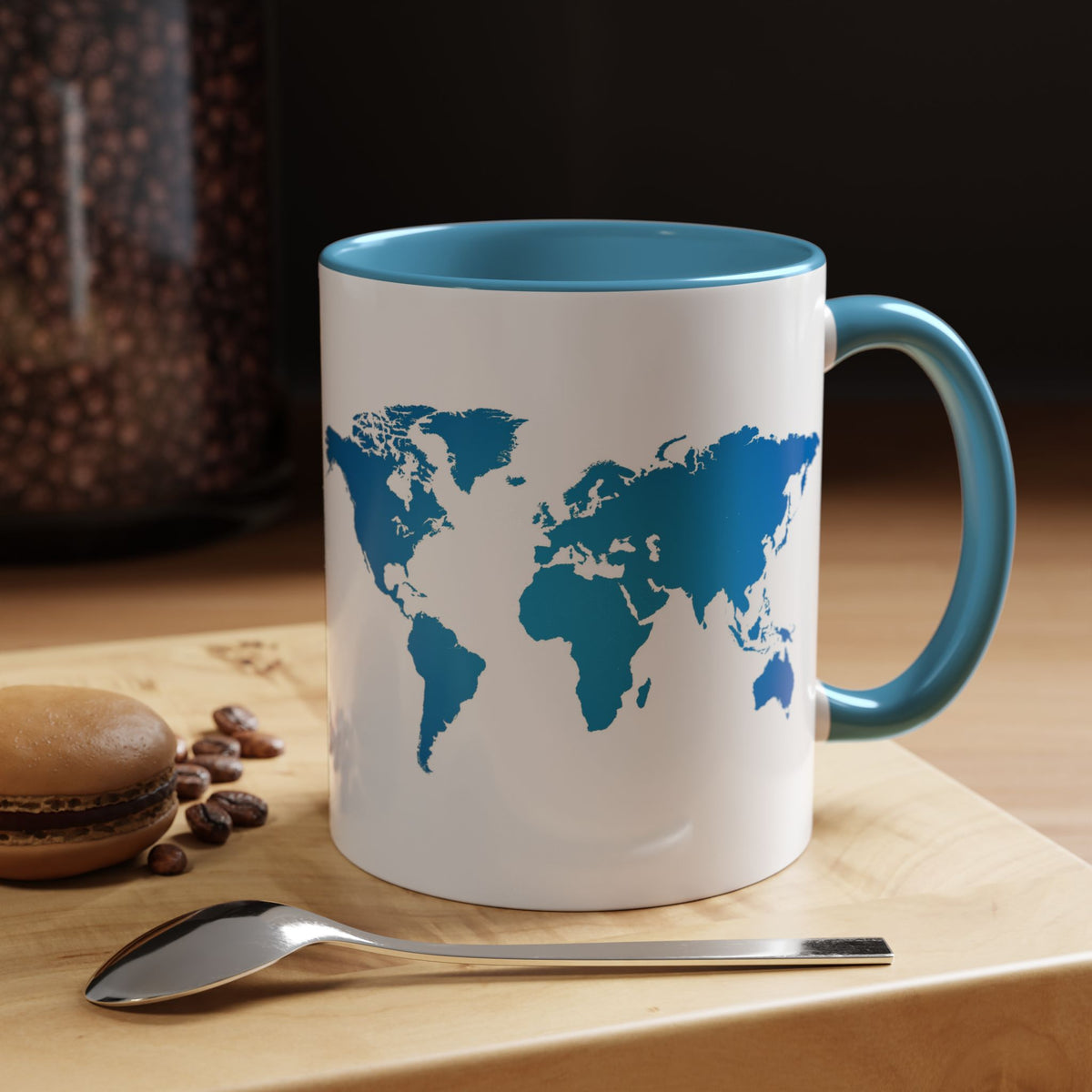 World Map Accent Coffee Mug — Illustrated Italy & Blue World Map Travel Mug (11/15oz)