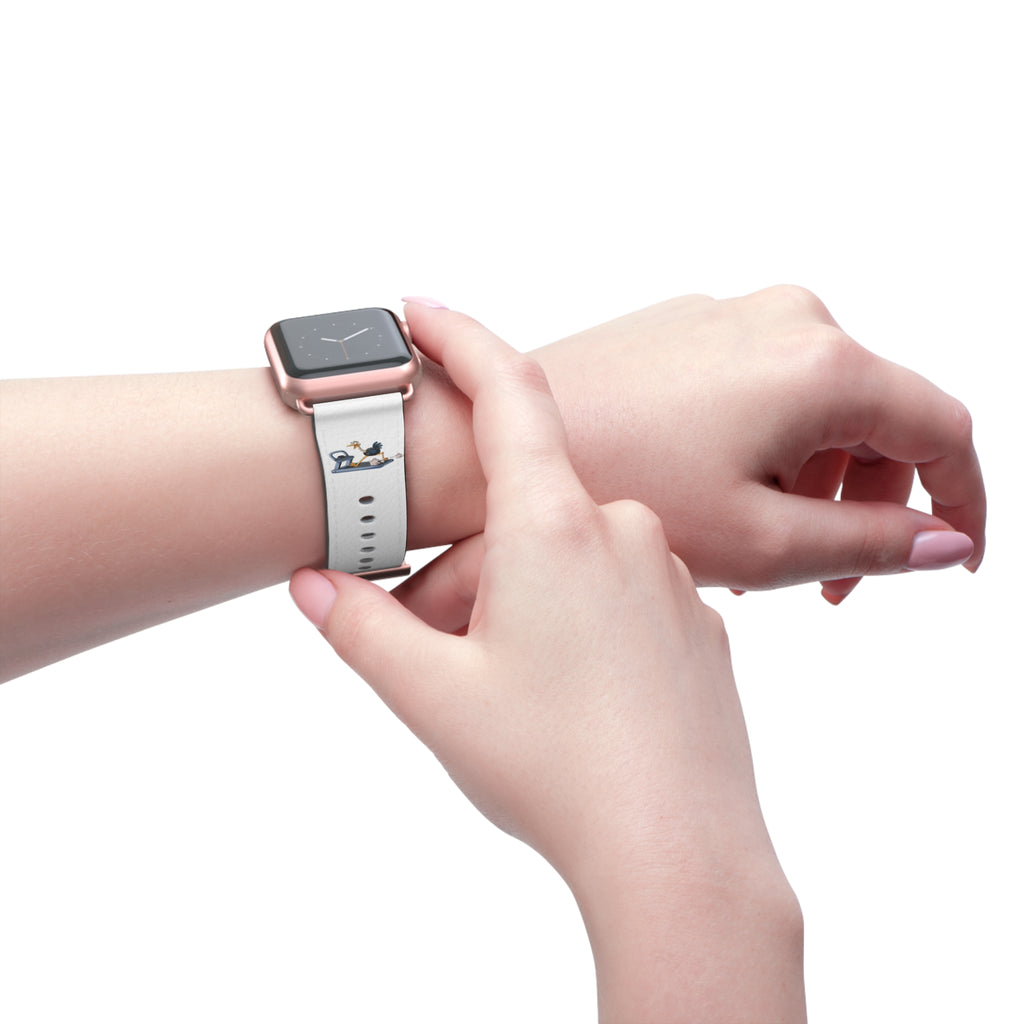 White Leather Watch Band with Minimal Dog on Skateboard Design