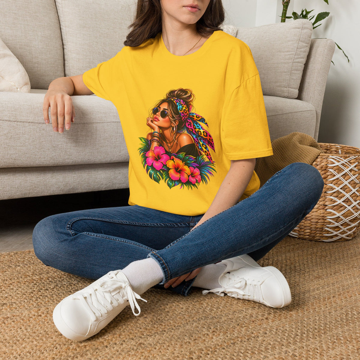 T-Shirt — Tropical Boho Girl Graphic Tee with Hibiscus & Bandana