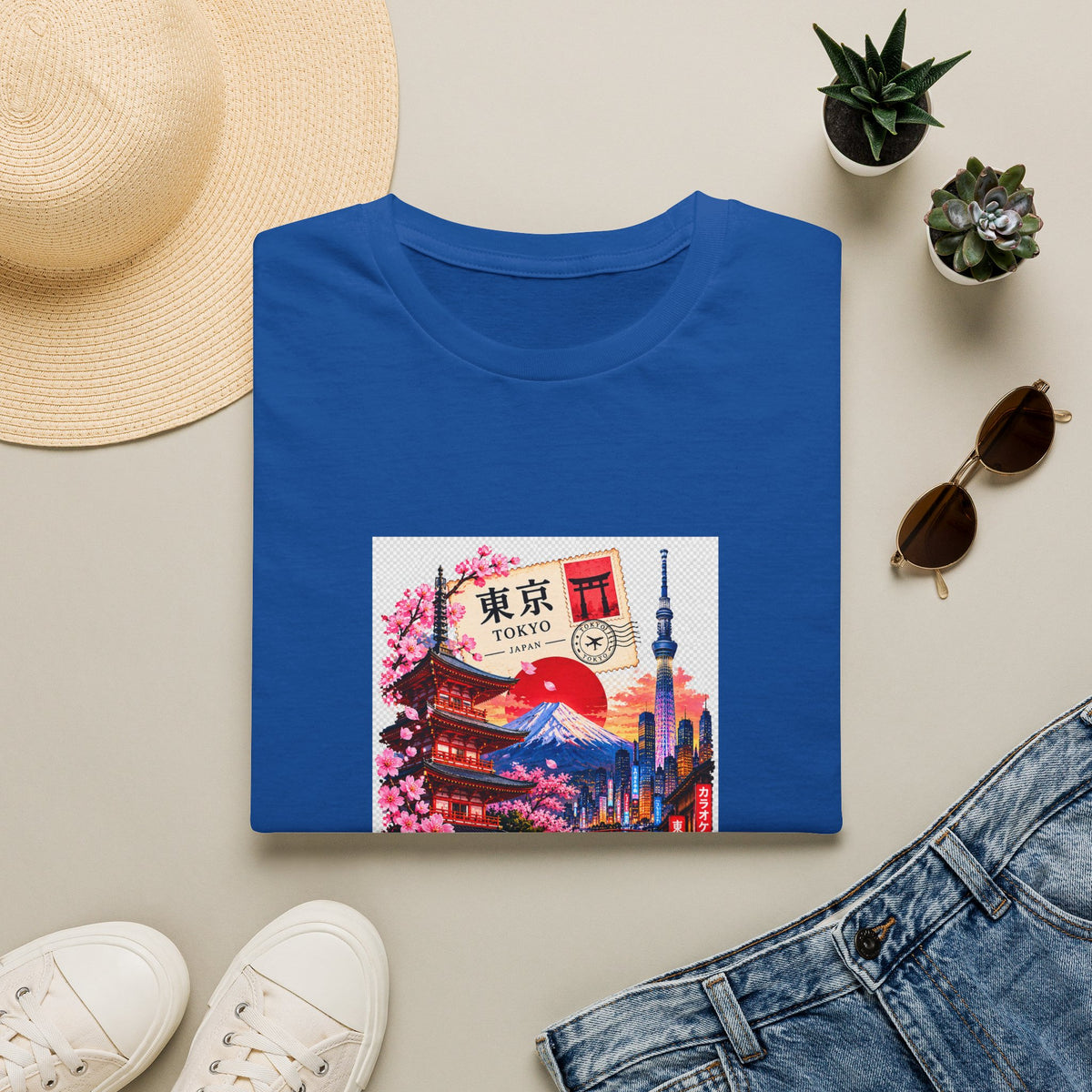 Tokyo Sakura Illustration T-Shirt — Vintage Mount Fuji & Cherry Blossom Graphic
