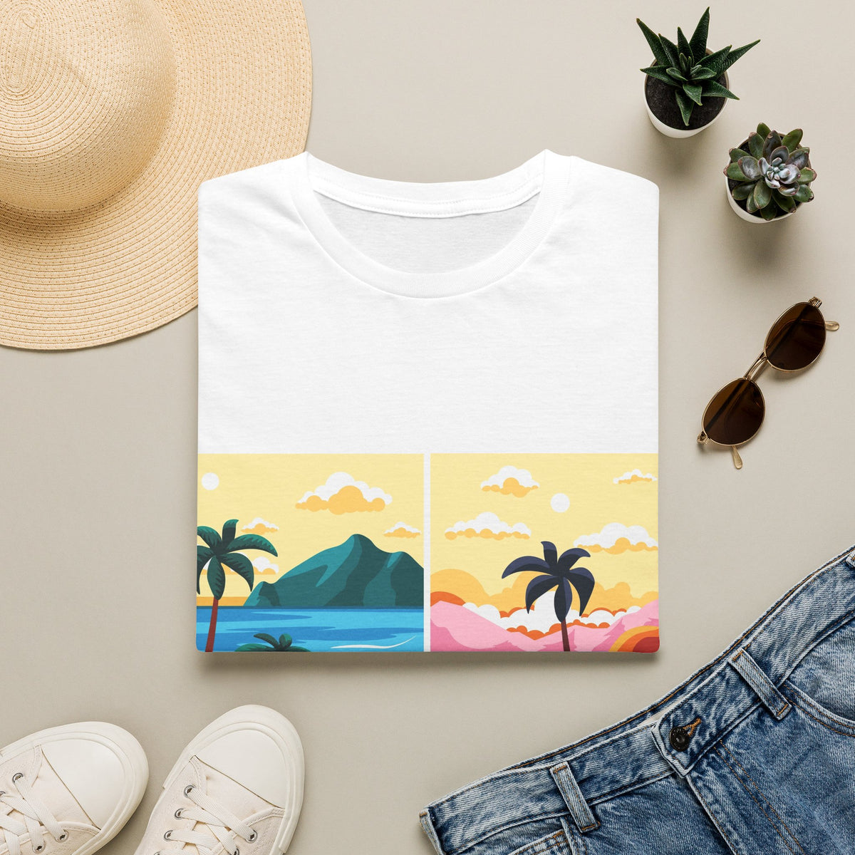 T-Shirt — Tropical Sunset Beach Panel Graphic Tee