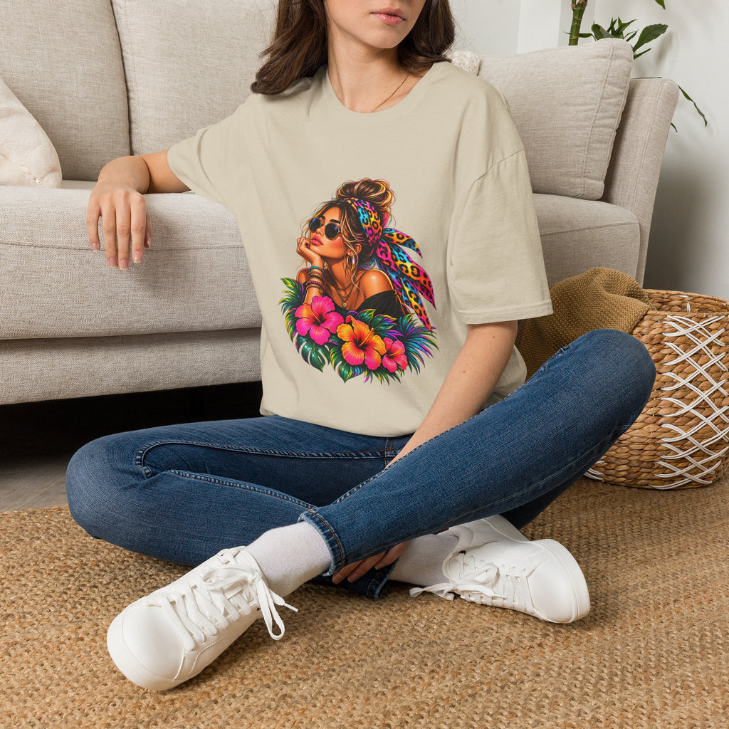 T-Shirt — Tropical Boho Girl Graphic Tee with Hibiscus & Bandana