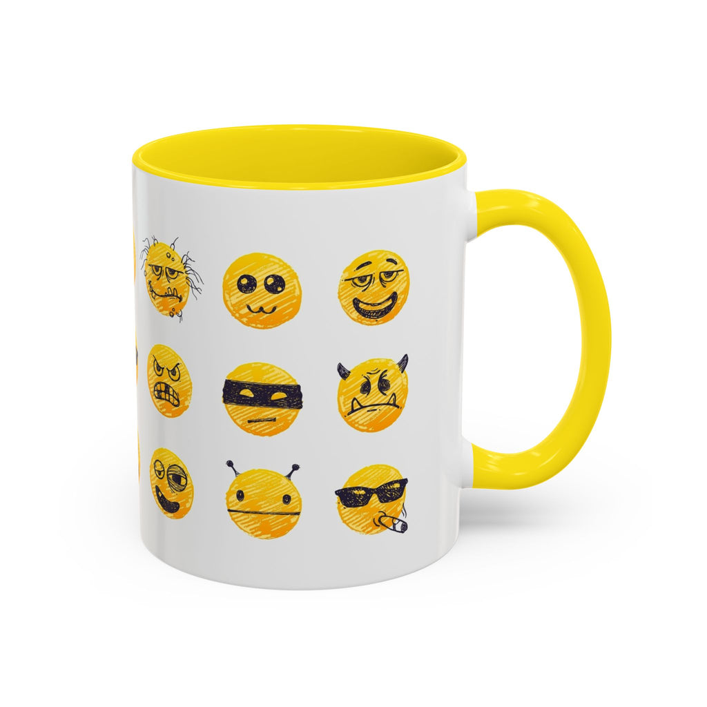 Emoji Faces Coffee Mug — Funny Yellow Emoji Pattern Accent Mug (11/15oz)