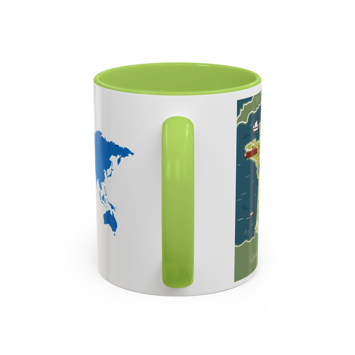 World Map Accent Coffee Mug — Illustrated Italy & Blue World Map Travel Mug (11/15oz)