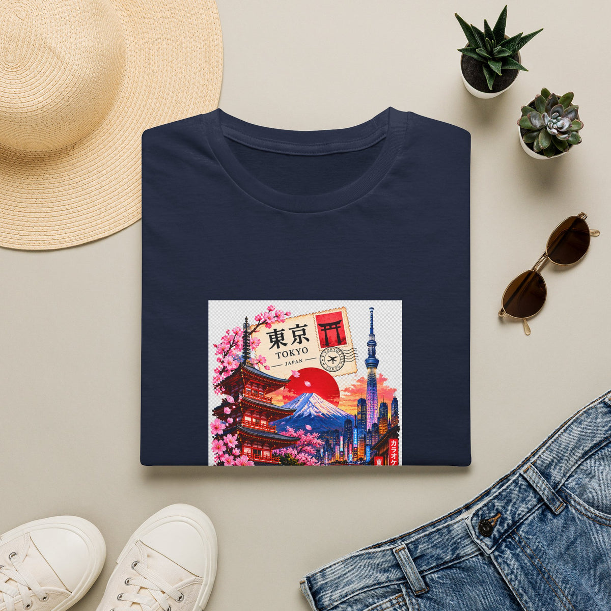 Tokyo Sakura Illustration T-Shirt — Vintage Mount Fuji & Cherry Blossom Graphic