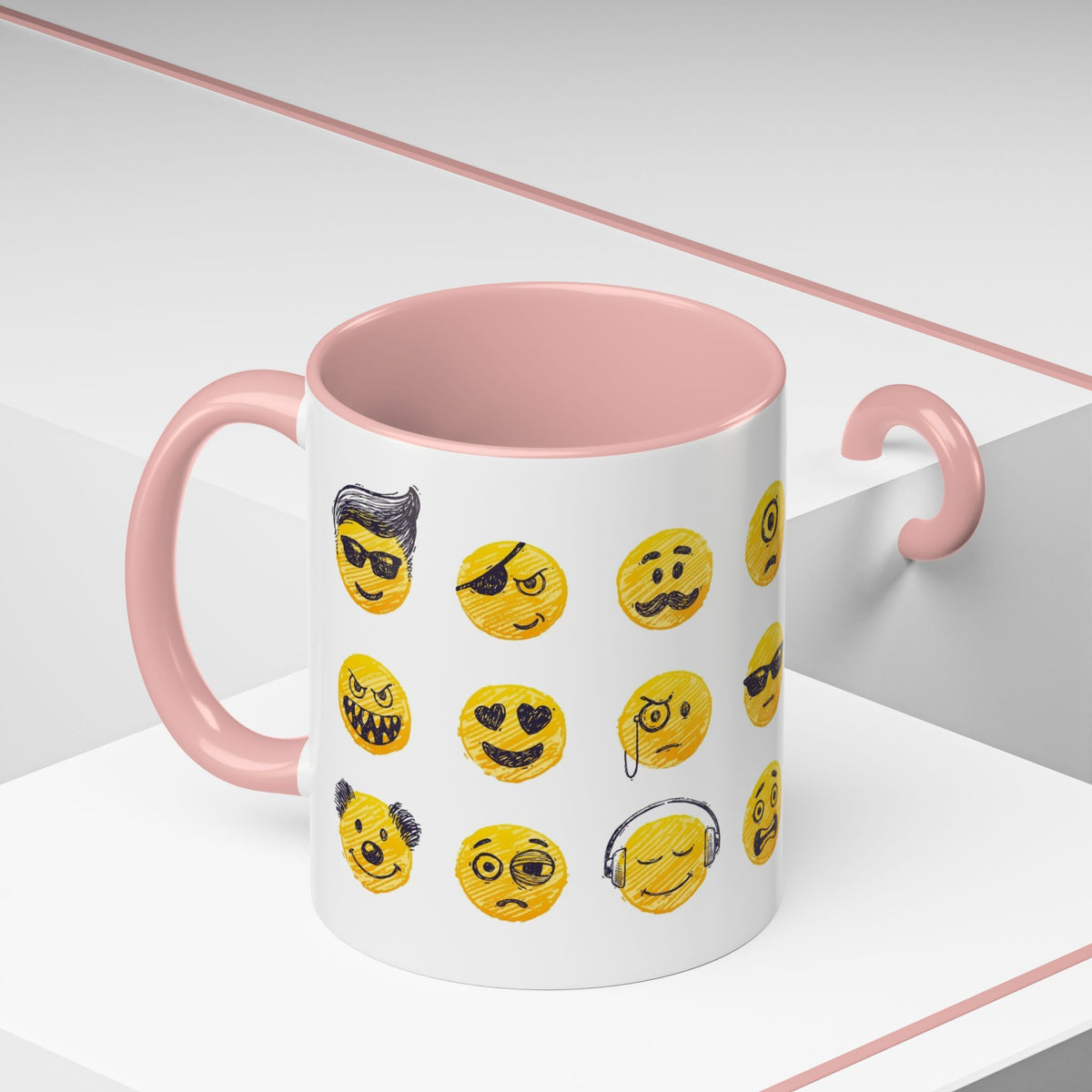 Emoji Faces Coffee Mug — Funny Yellow Emoji Pattern Accent Mug (11/15oz)