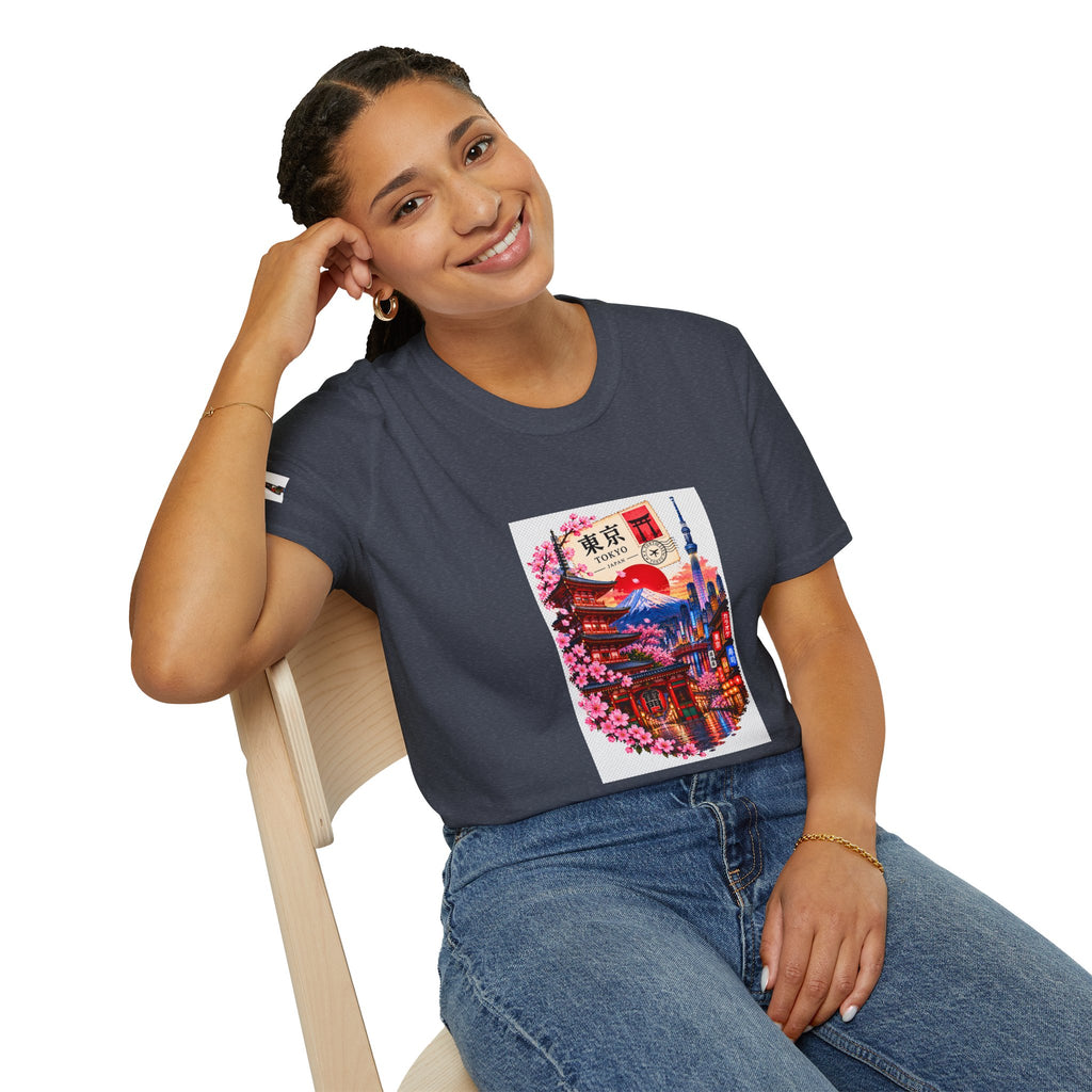 Tokyo Sakura Illustration T-Shirt — Vintage Mount Fuji & Cherry Blossom Graphic
