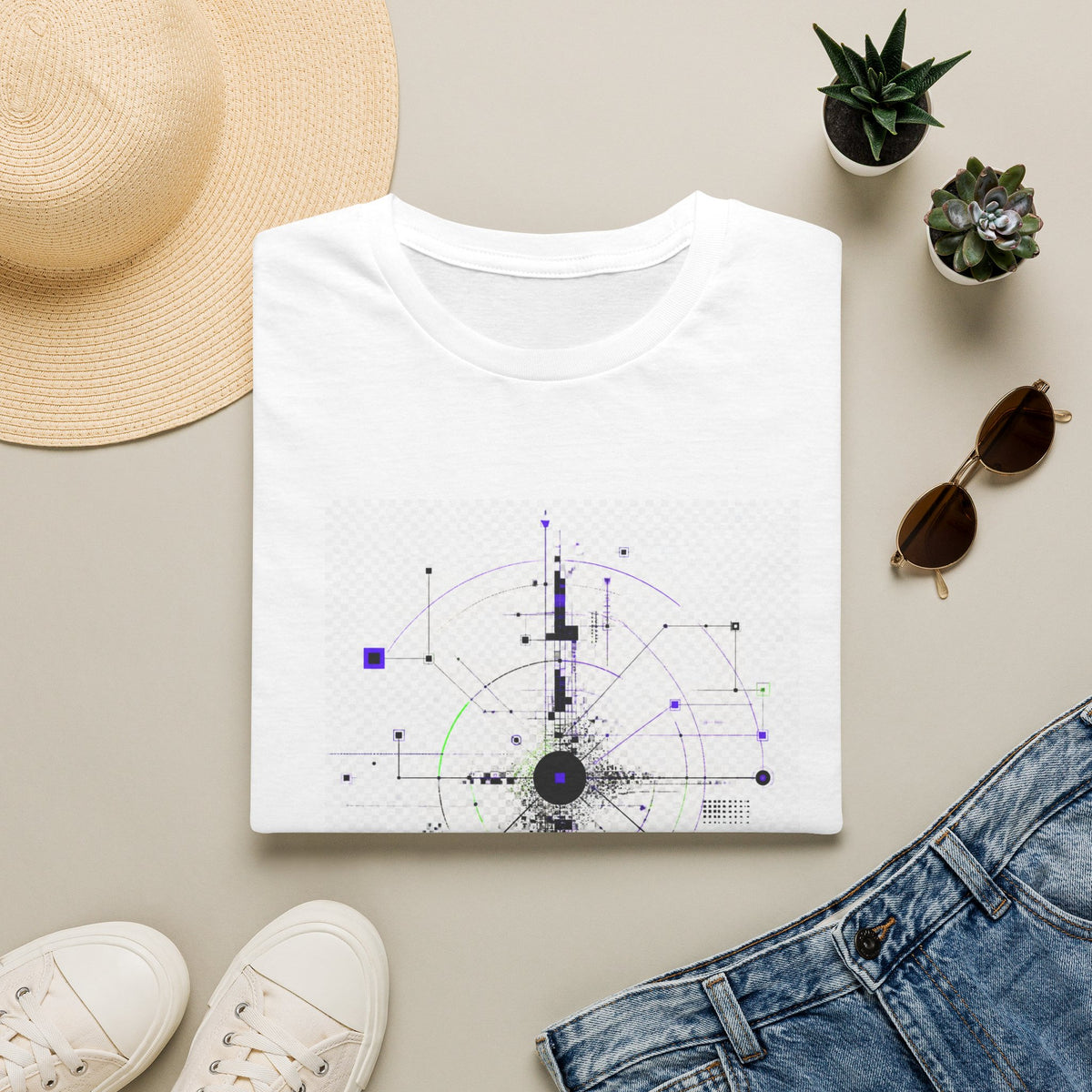 Abstract Tech Compass T-Shirt — Geometric Cyberpunk Graphic Tee
