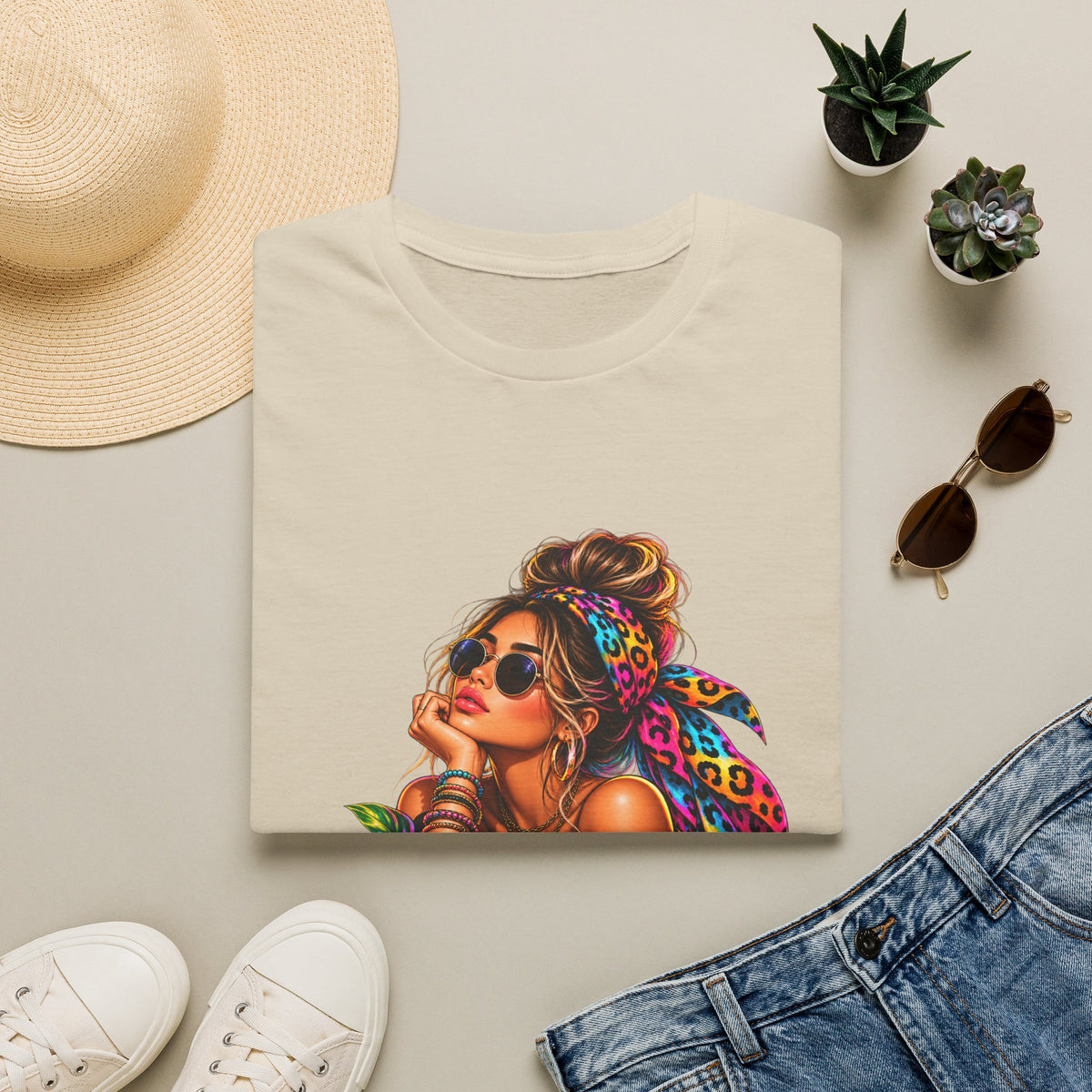 T-Shirt — Tropical Boho Girl Graphic Tee with Hibiscus & Bandana
