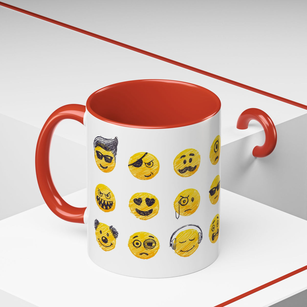 Emoji Faces Coffee Mug — Funny Yellow Emoji Pattern Accent Mug (11/15oz)