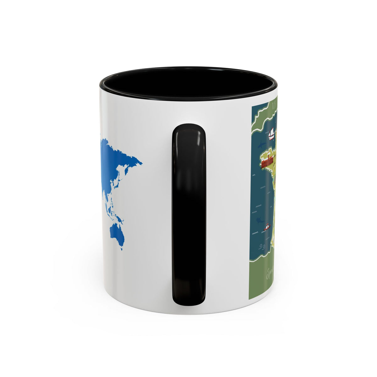 World Map Accent Coffee Mug — Illustrated Italy & Blue World Map Travel Mug (11/15oz)