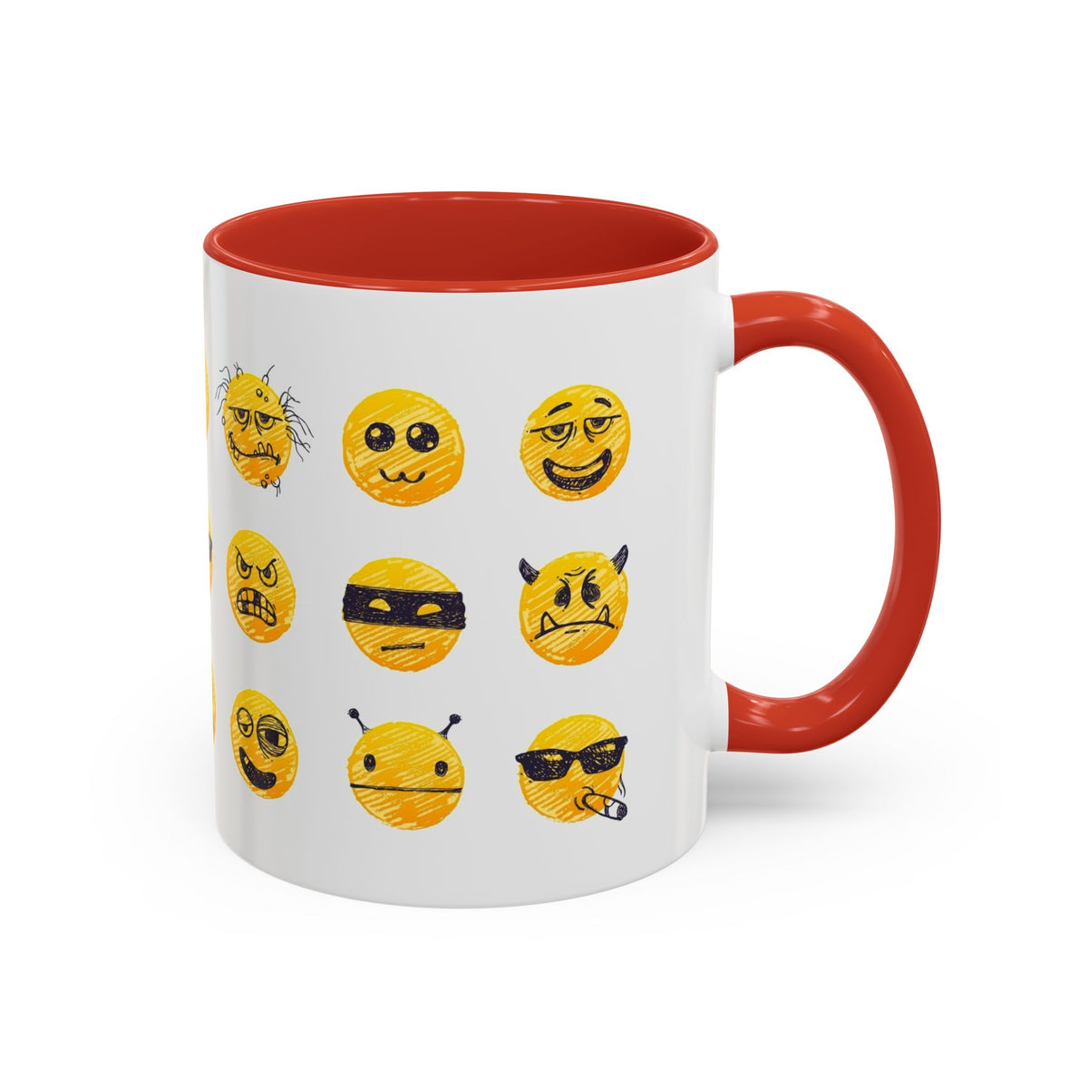 Emoji Faces Coffee Mug — Funny Yellow Emoji Pattern Accent Mug (11/15oz)