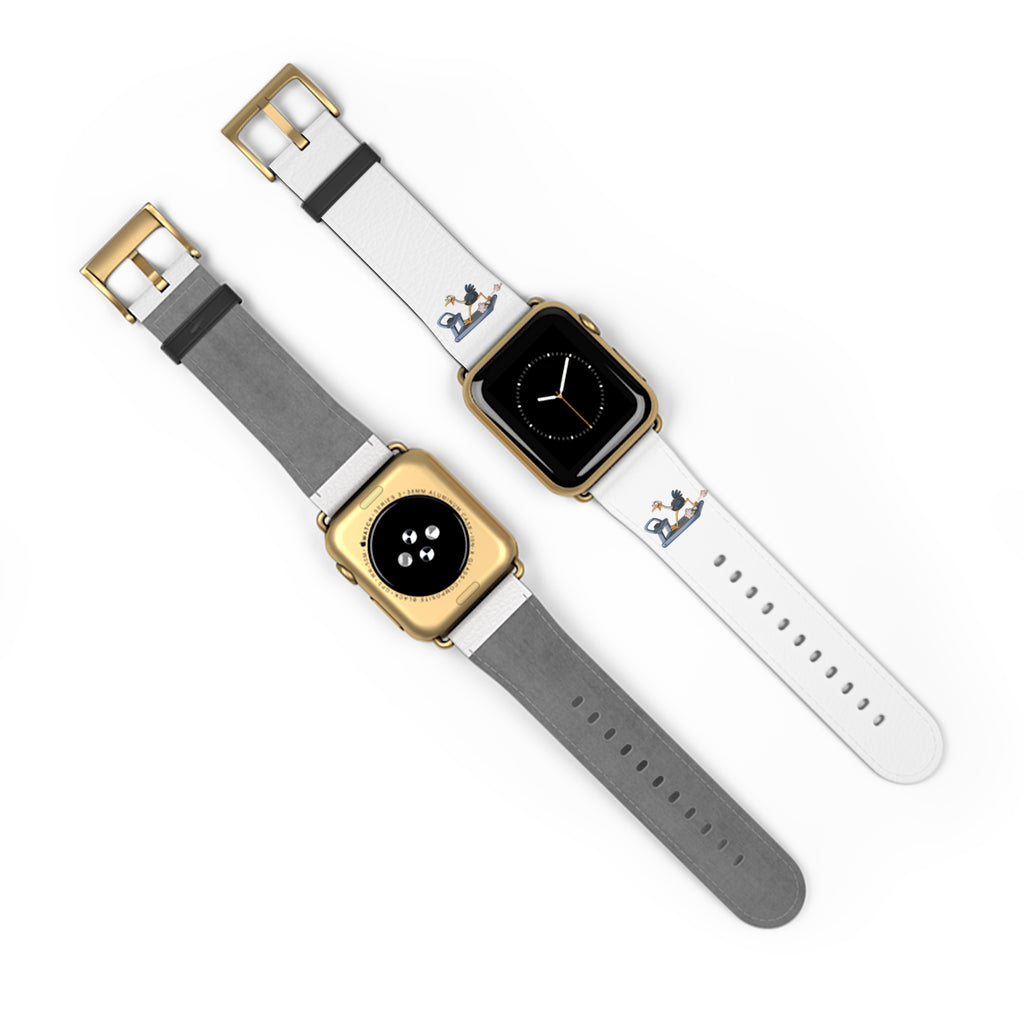 White Leather Watch Band with Minimal Dog on Skateboard Design