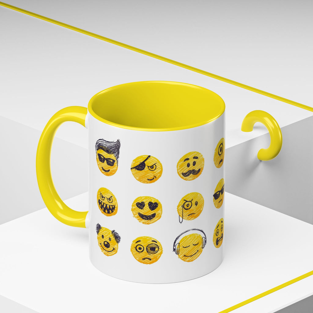 Emoji Faces Coffee Mug — Funny Yellow Emoji Pattern Accent Mug (11/15oz)