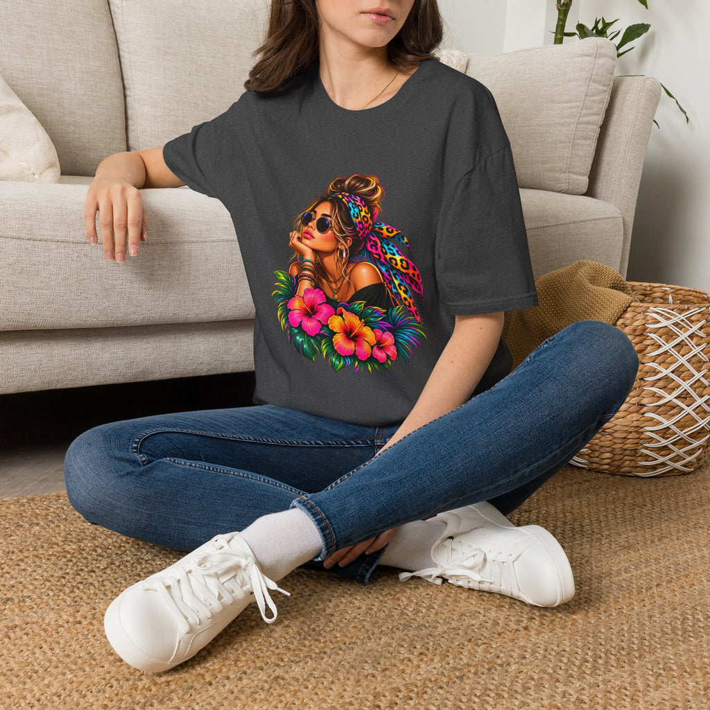 T-Shirt — Tropical Boho Girl Graphic Tee with Hibiscus & Bandana