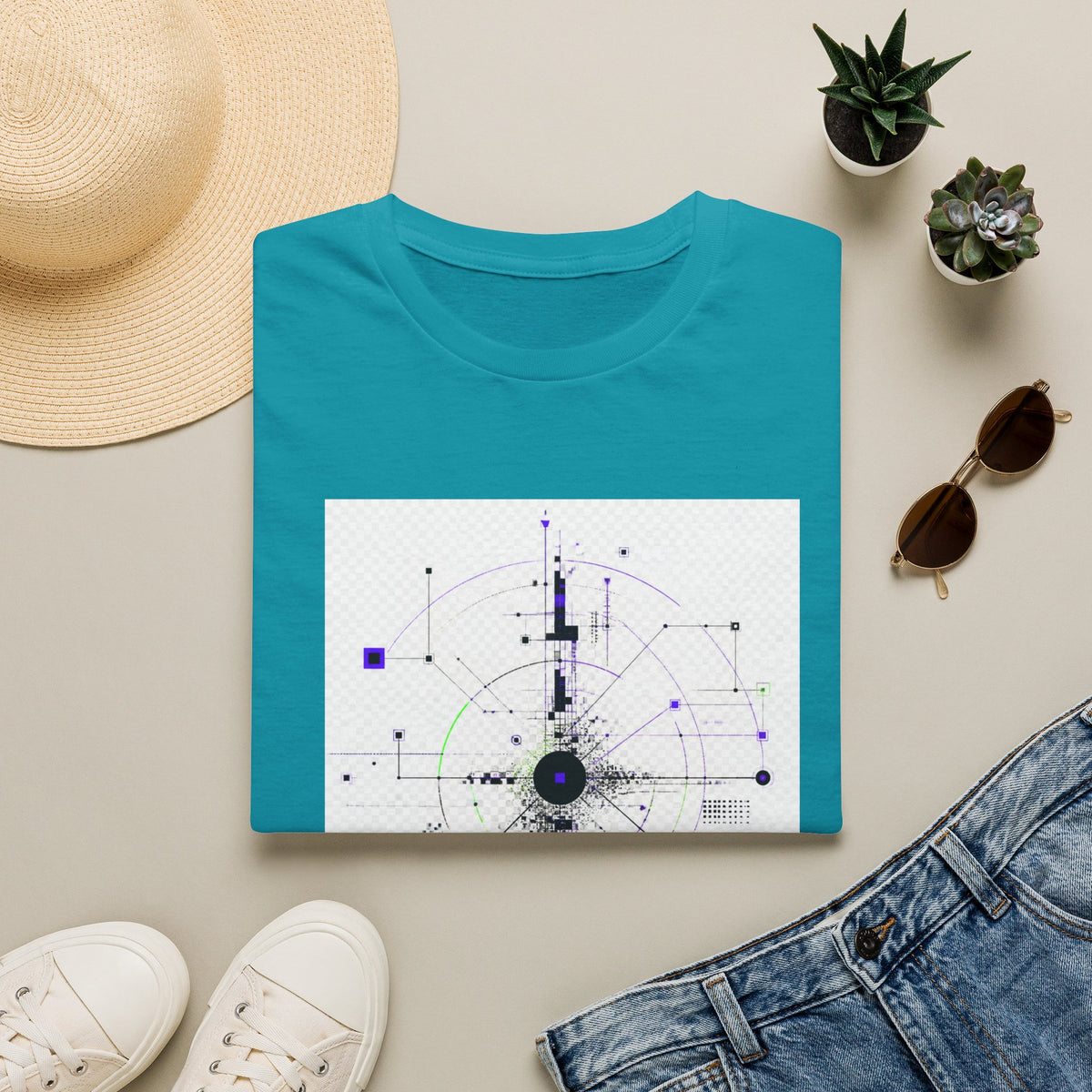 Abstract Tech Compass T-Shirt — Geometric Cyberpunk Graphic Tee