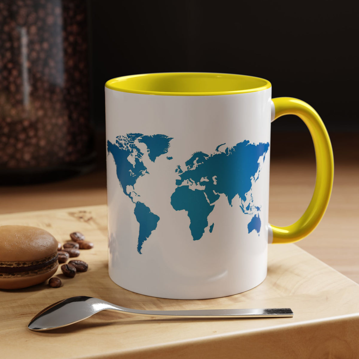 World Map Accent Coffee Mug — Illustrated Italy & Blue World Map Travel Mug (11/15oz)