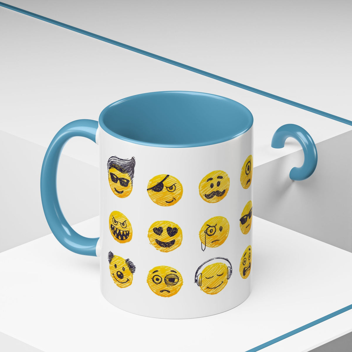 Emoji Faces Coffee Mug — Funny Yellow Emoji Pattern Accent Mug (11/15oz)