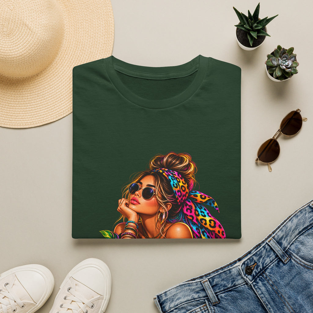 T-Shirt — Tropical Boho Girl Graphic Tee with Hibiscus & Bandana