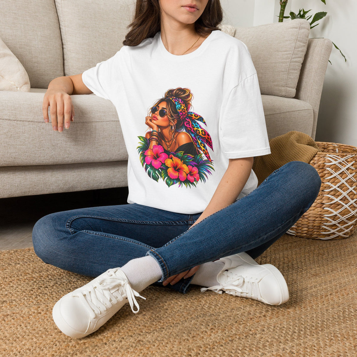T-Shirt — Tropical Boho Girl Graphic Tee with Hibiscus & Bandana
