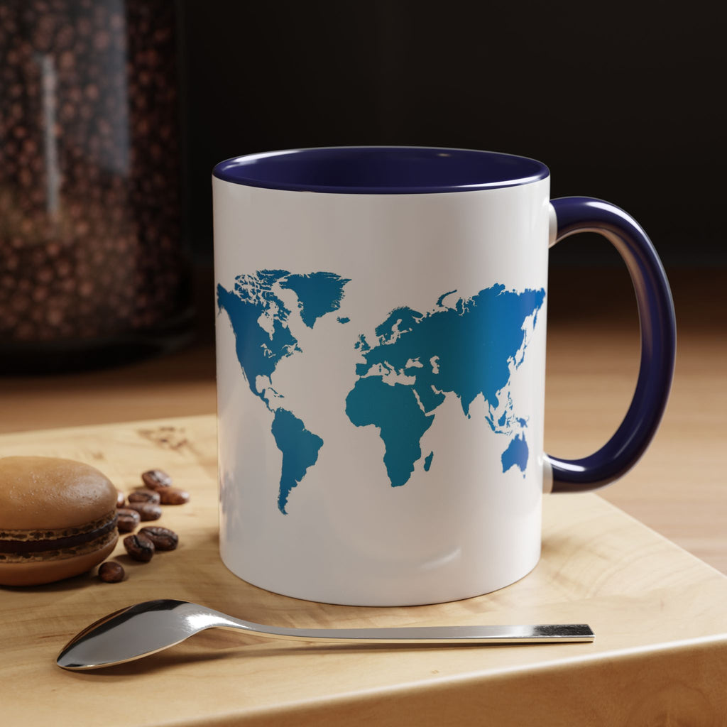 World Map Accent Coffee Mug — Illustrated Italy & Blue World Map Travel Mug (11/15oz)