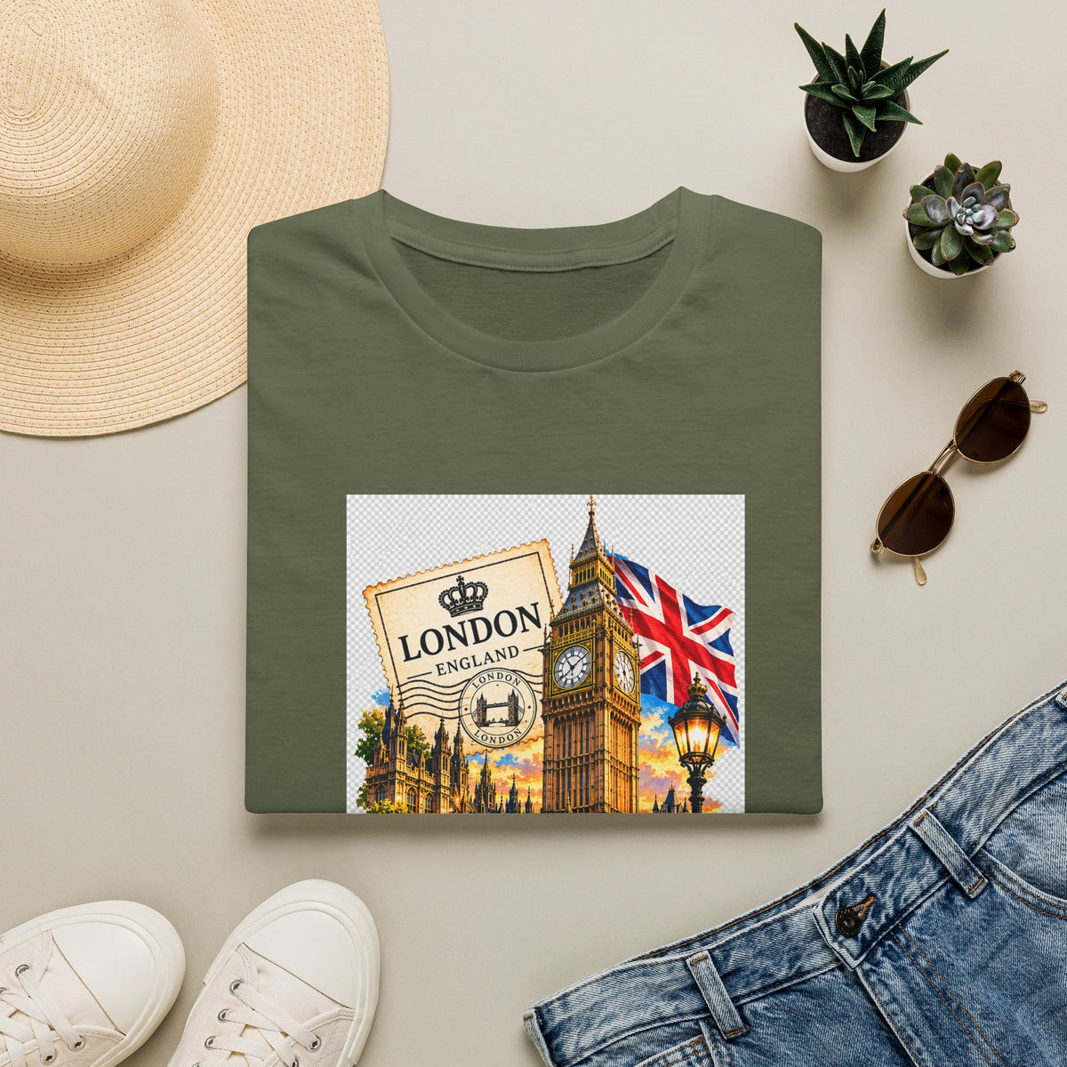 London Vintage Collage T-Shirt — Big Ben, Red Bus & Union Jack Tee