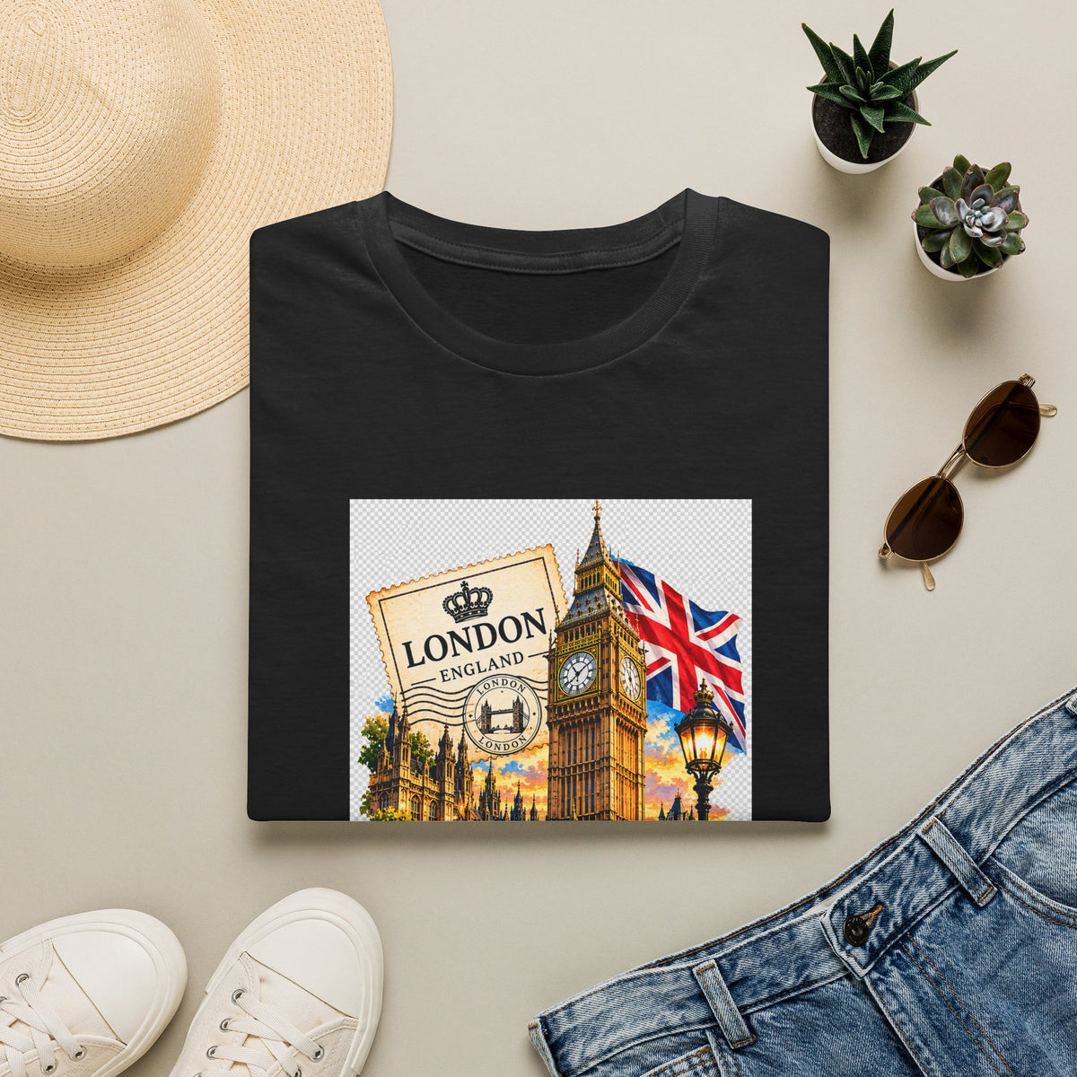London Vintage Collage T-Shirt — Big Ben, Red Bus & Union Jack Tee