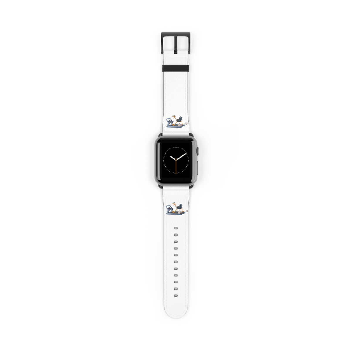 White Leather Watch Band with Minimal Dog on Skateboard Design