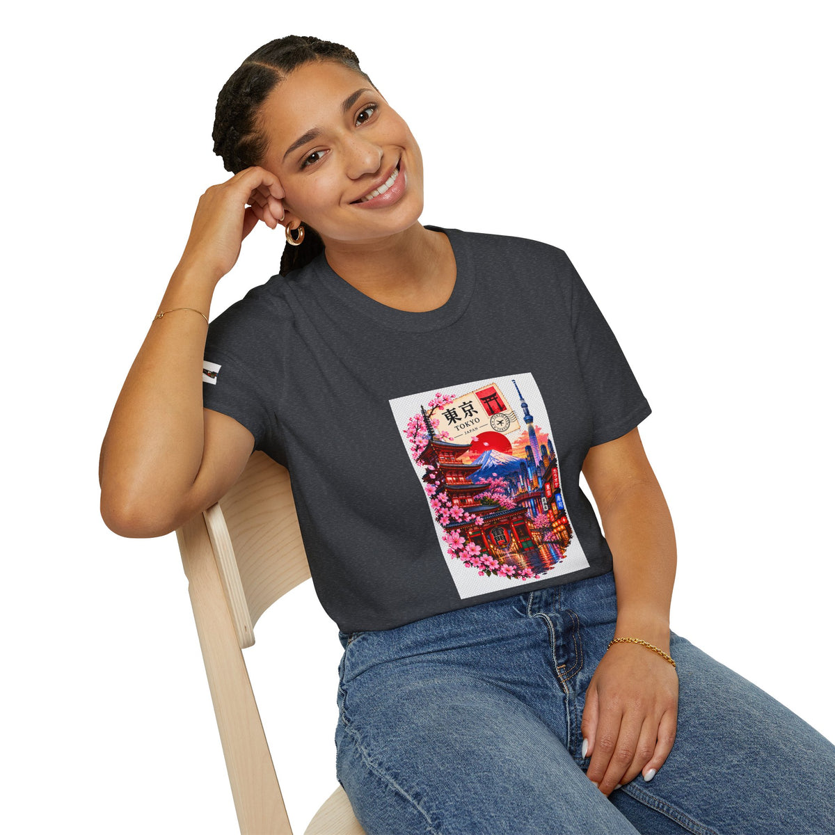 Tokyo Sakura Illustration T-Shirt — Vintage Mount Fuji & Cherry Blossom Graphic