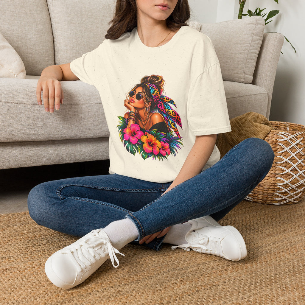 T-Shirt — Tropical Boho Girl Graphic Tee with Hibiscus & Bandana