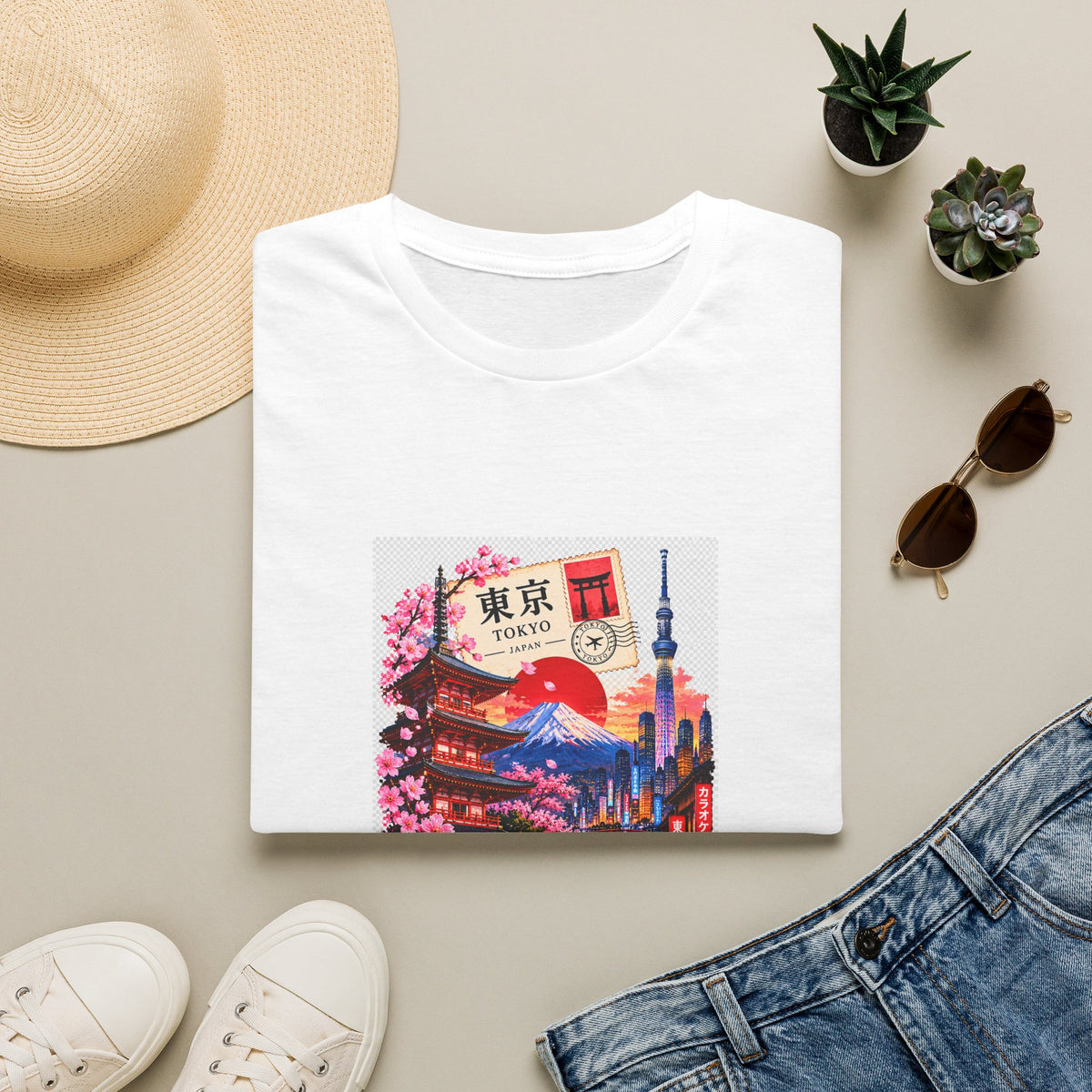 Tokyo Sakura Illustration T-Shirt — Vintage Mount Fuji & Cherry Blossom Graphic