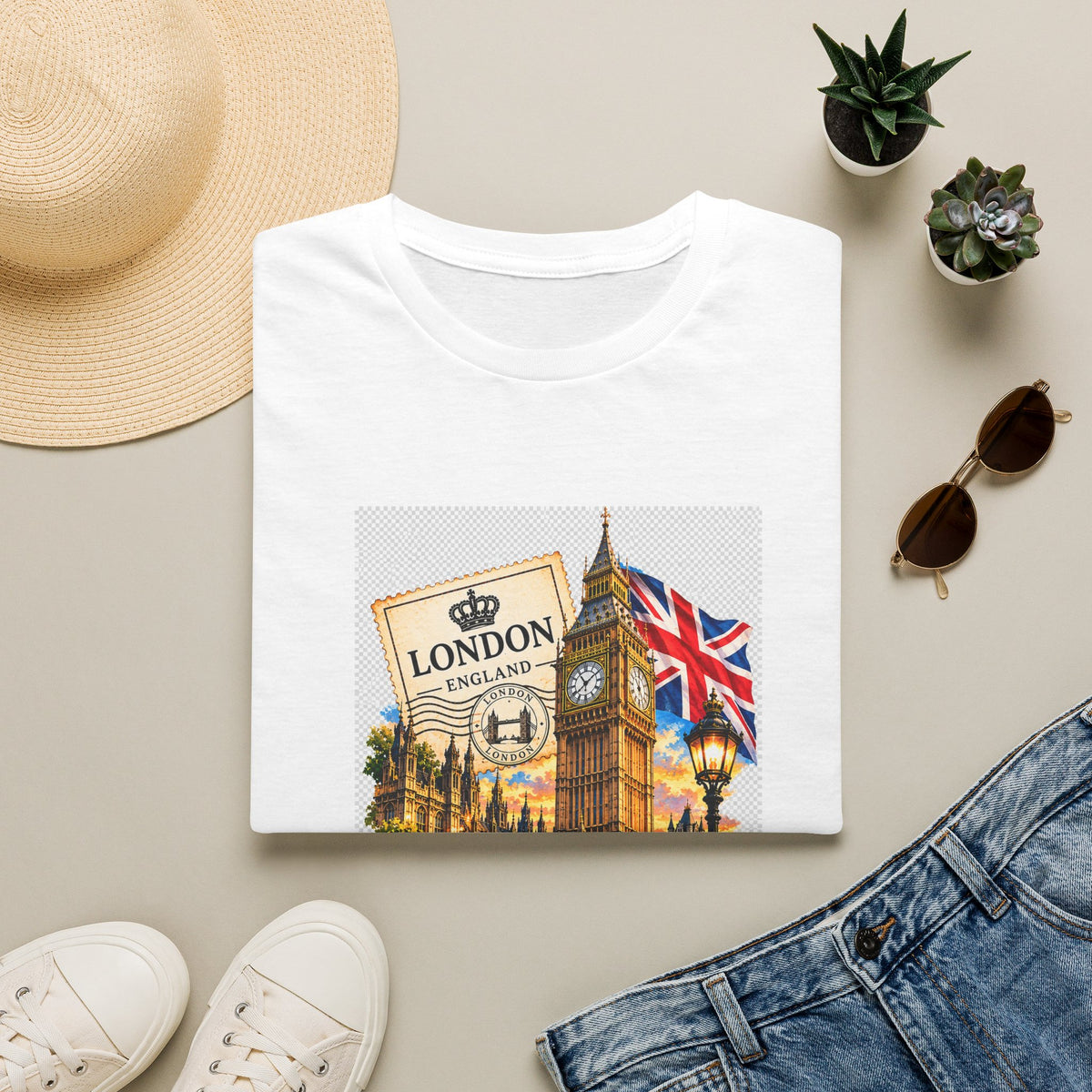 London Vintage Collage T-Shirt — Big Ben, Red Bus & Union Jack Tee
