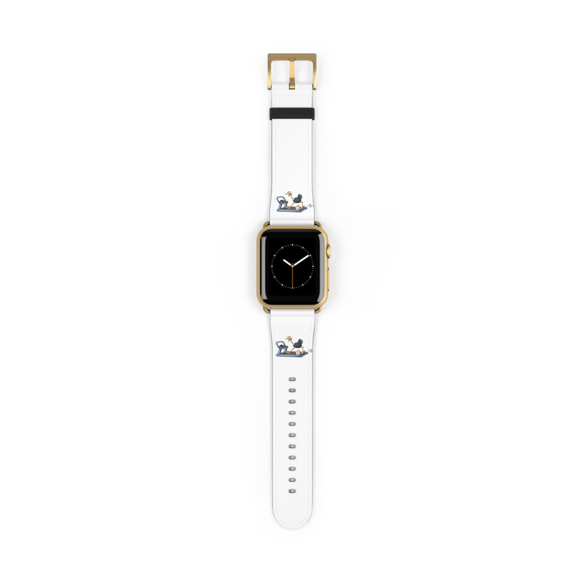 White Leather Watch Band with Minimal Dog on Skateboard Design