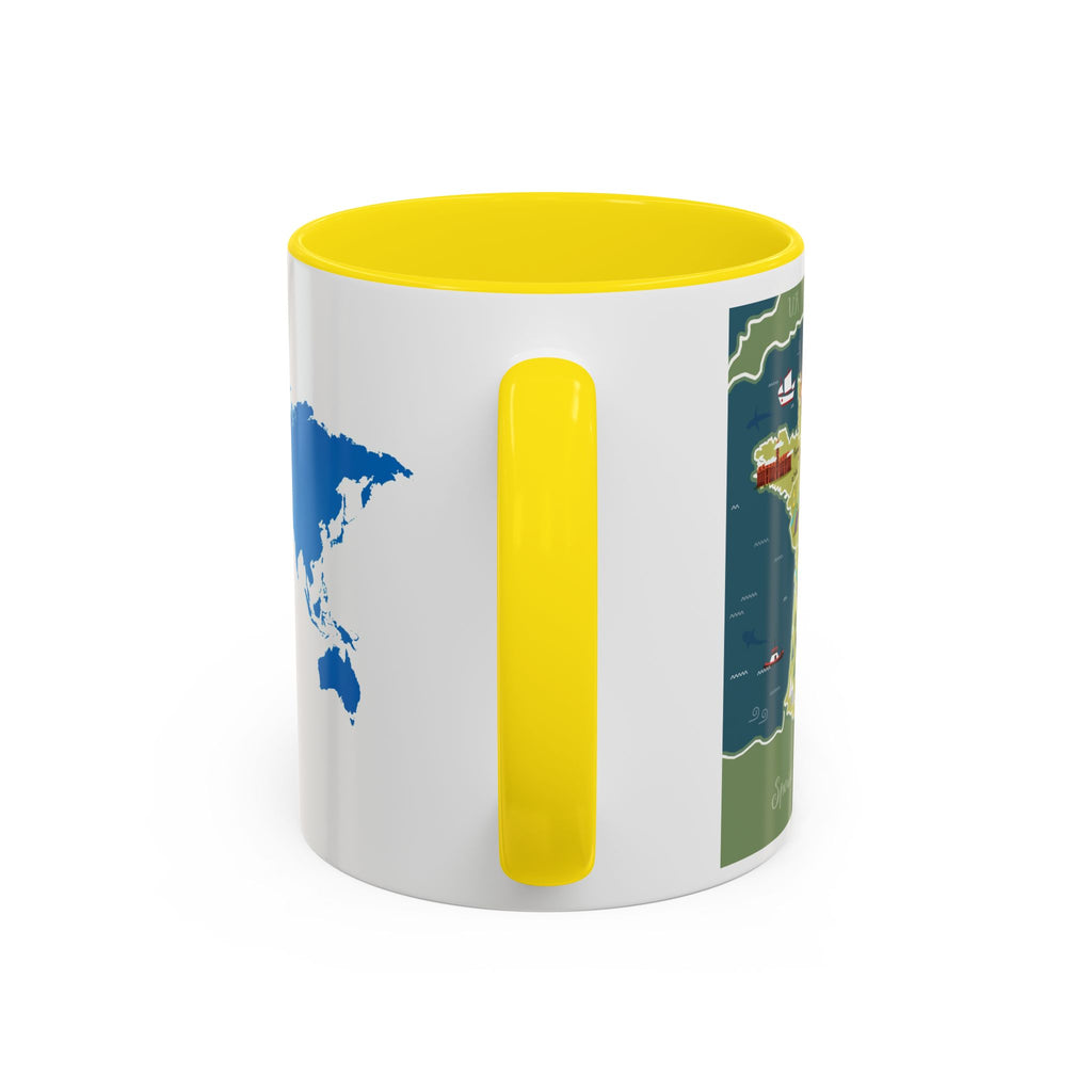 World Map Accent Coffee Mug — Illustrated Italy & Blue World Map Travel Mug (11/15oz)