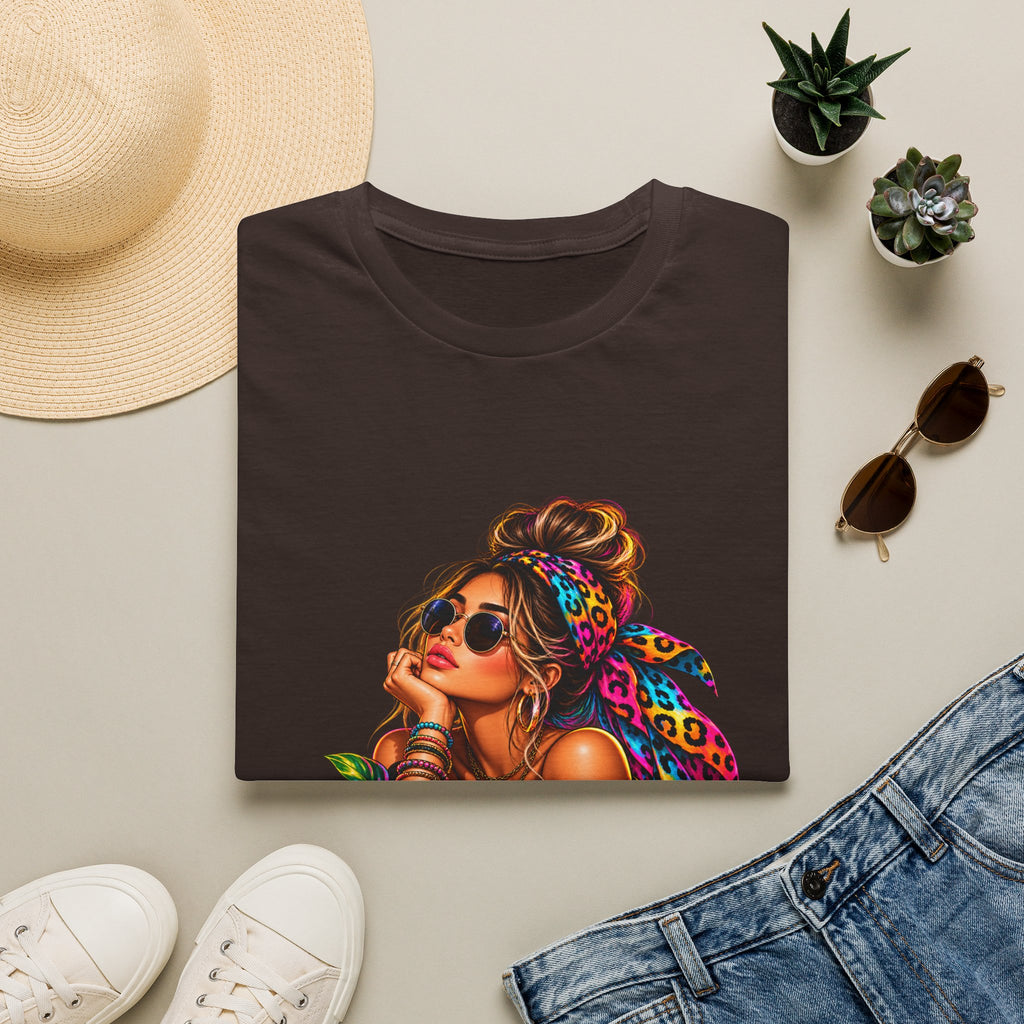 T-Shirt — Tropical Boho Girl Graphic Tee with Hibiscus & Bandana
