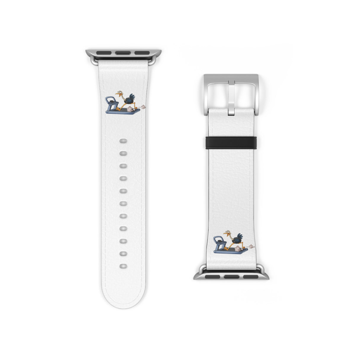 White Leather Watch Band with Minimal Dog on Skateboard Design