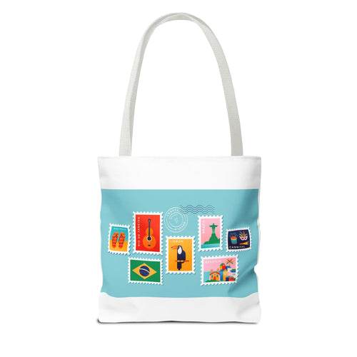 Brazil Travel Tote Bag — Colorful Rio Icons, Beach & Carnival Stamp Design
