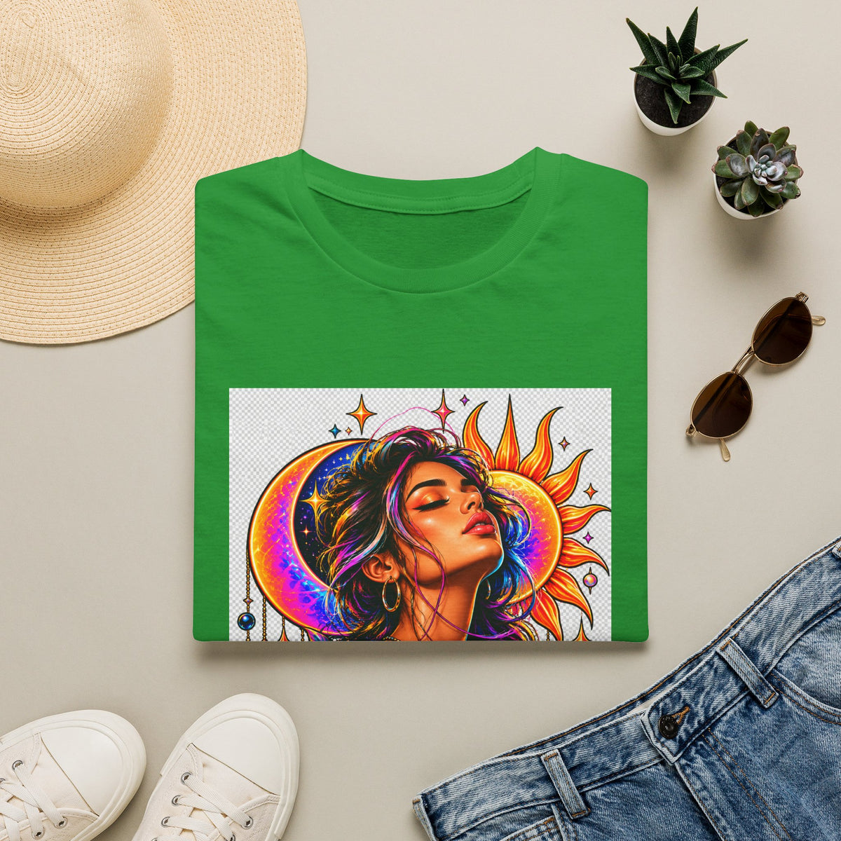 Sun & Moon Goddess T-Shirt — Vibrant Floral Boho Portrait Tee