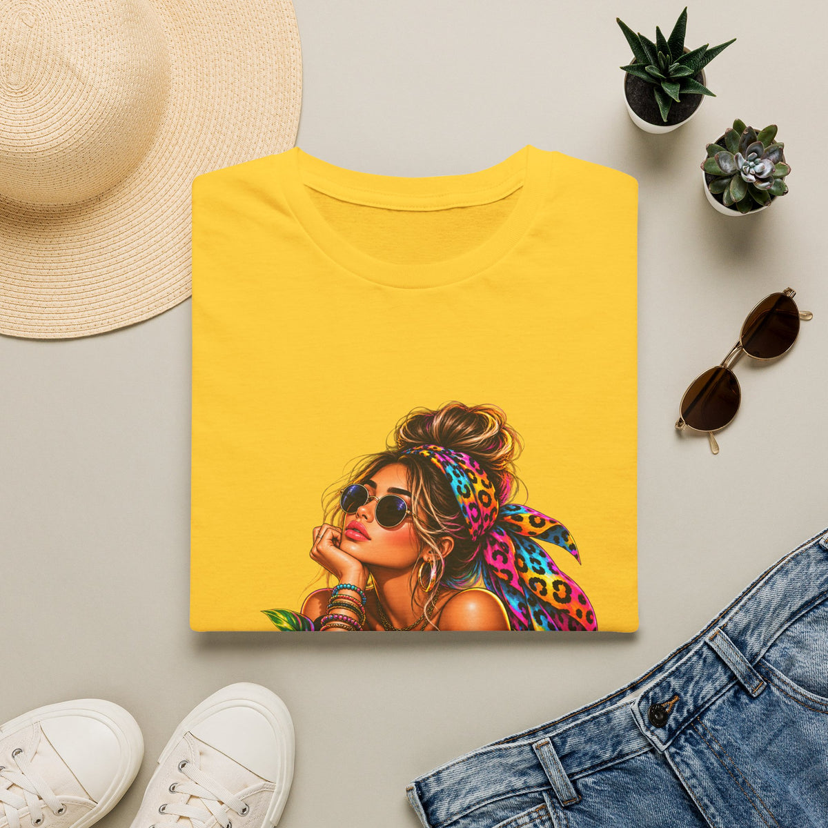 T-Shirt — Tropical Boho Girl Graphic Tee with Hibiscus & Bandana