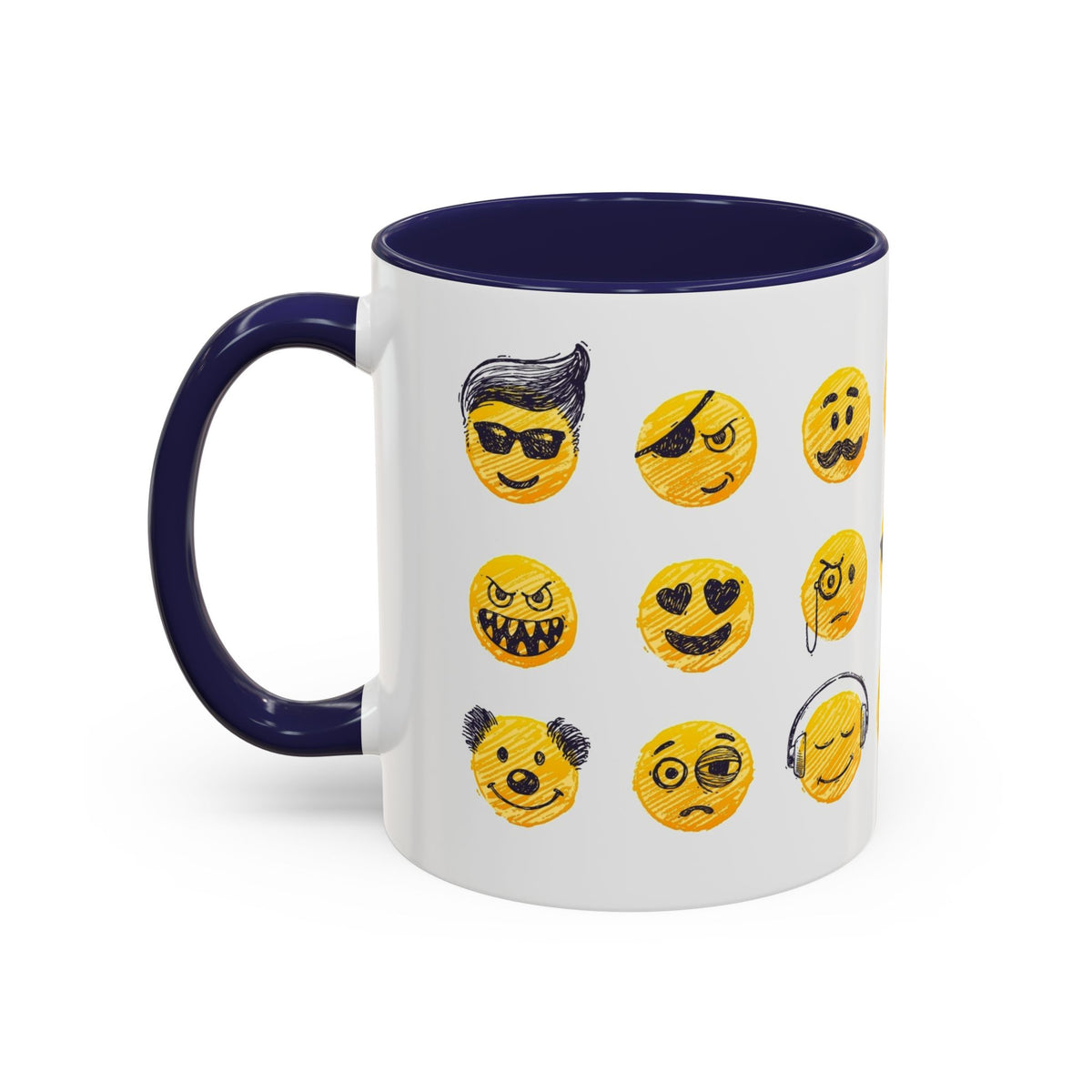 Emoji Faces Coffee Mug — Funny Yellow Emoji Pattern Accent Mug (11/15oz)