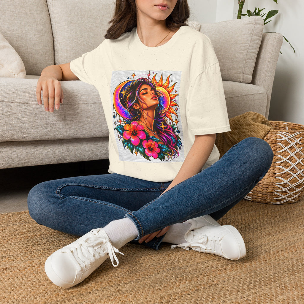 Sun & Moon Goddess T-Shirt — Vibrant Floral Boho Portrait Tee