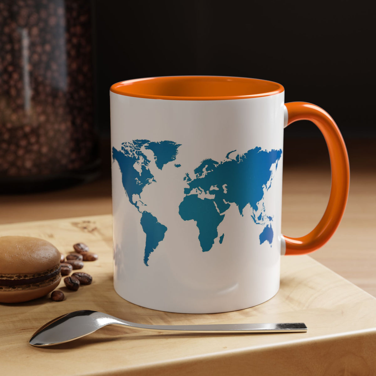 World Map Accent Coffee Mug — Illustrated Italy & Blue World Map Travel Mug (11/15oz)