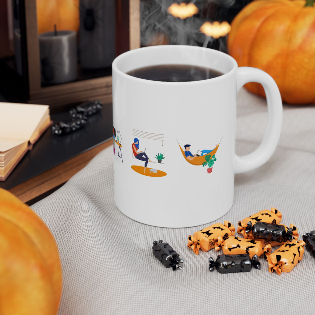 Work From Home Illustration Ceramic Mug – Cute Home Office Scenes (11oz/15oz)
