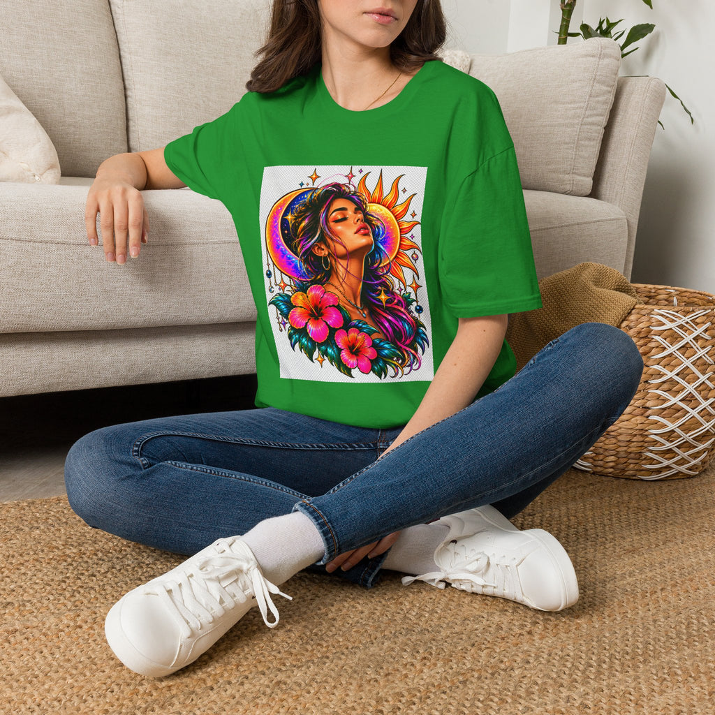 Sun & Moon Goddess T-Shirt — Vibrant Floral Boho Portrait Tee