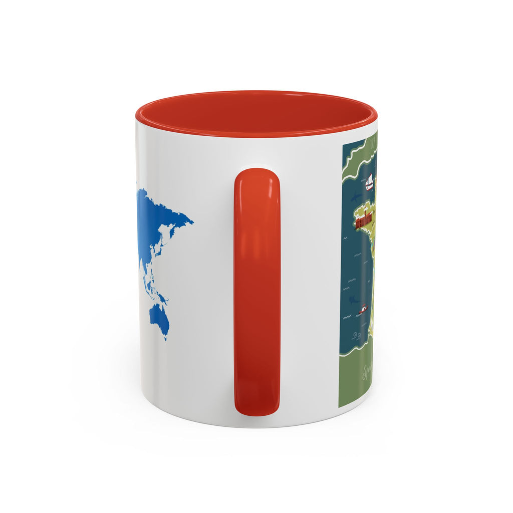 World Map Accent Coffee Mug — Illustrated Italy & Blue World Map Travel Mug (11/15oz)
