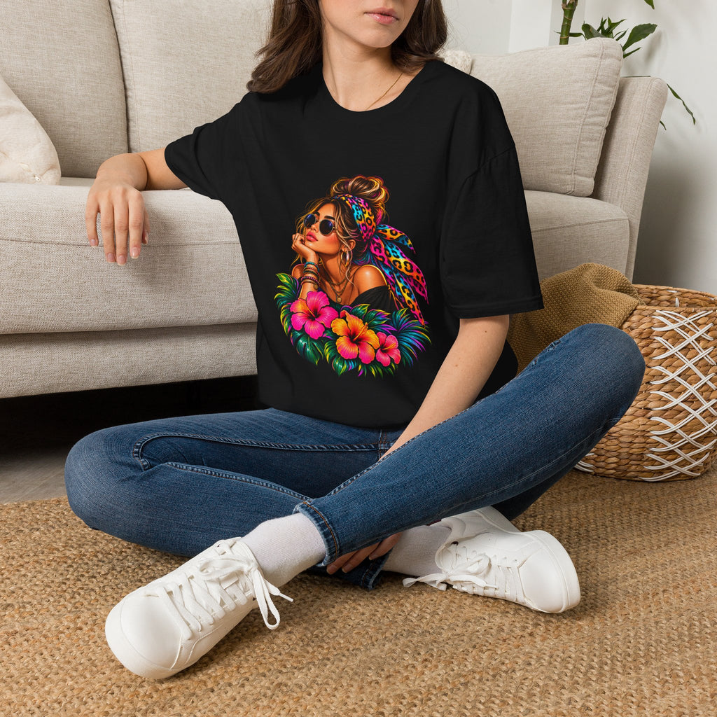 T-Shirt — Tropical Boho Girl Graphic Tee with Hibiscus & Bandana