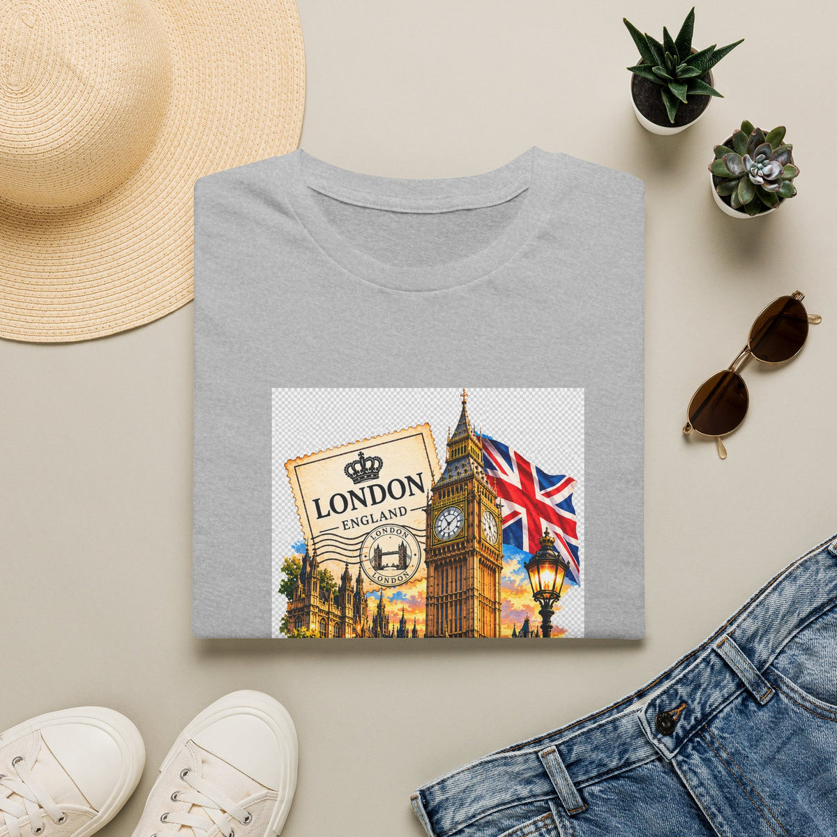London Vintage Collage T-Shirt — Big Ben, Red Bus & Union Jack Tee